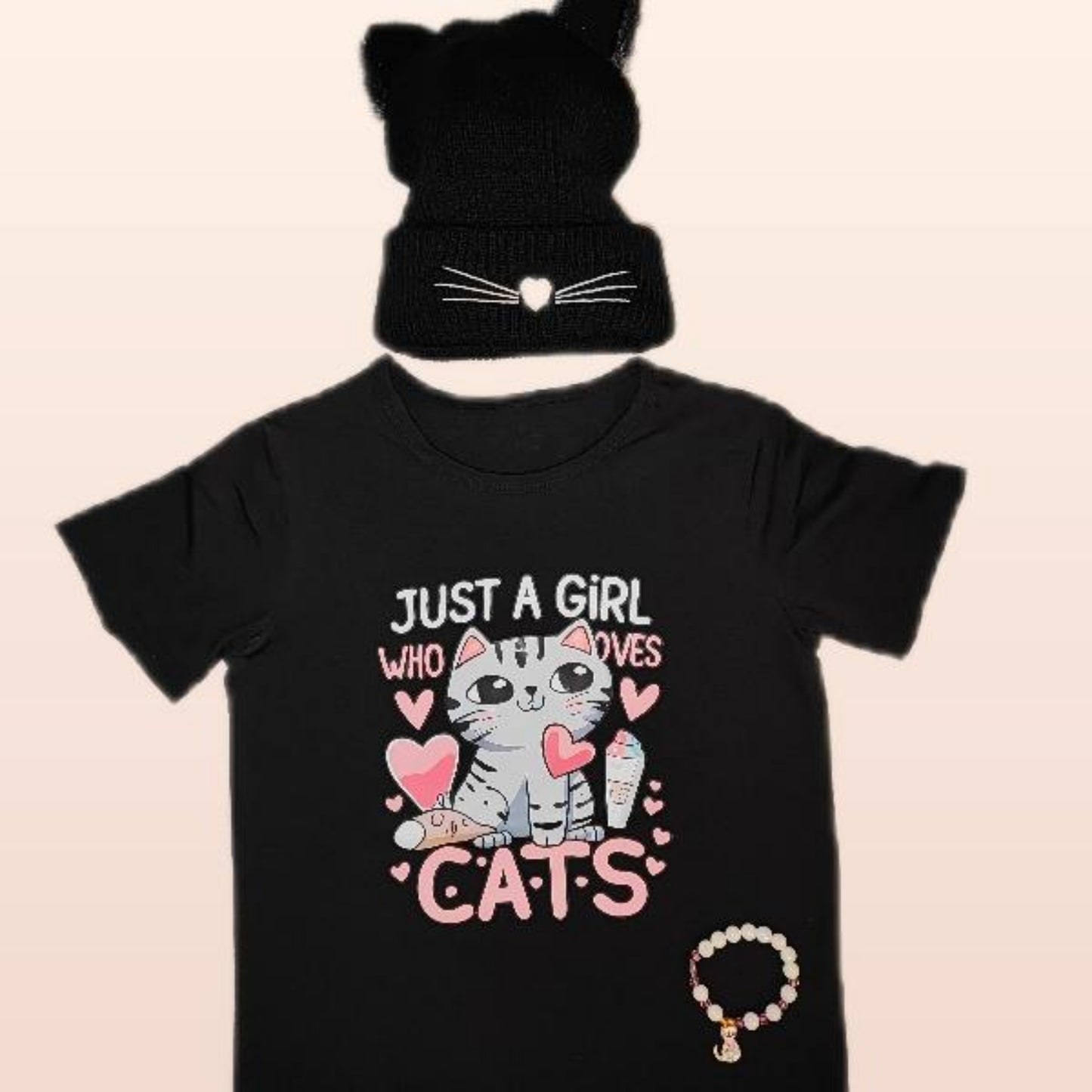 Conjunto infantil com desenho de gatos t-shirt + pulseira + gorro