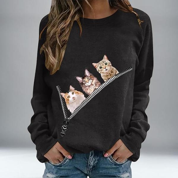 Camisola quente comprida gola redonda desenho de gatos